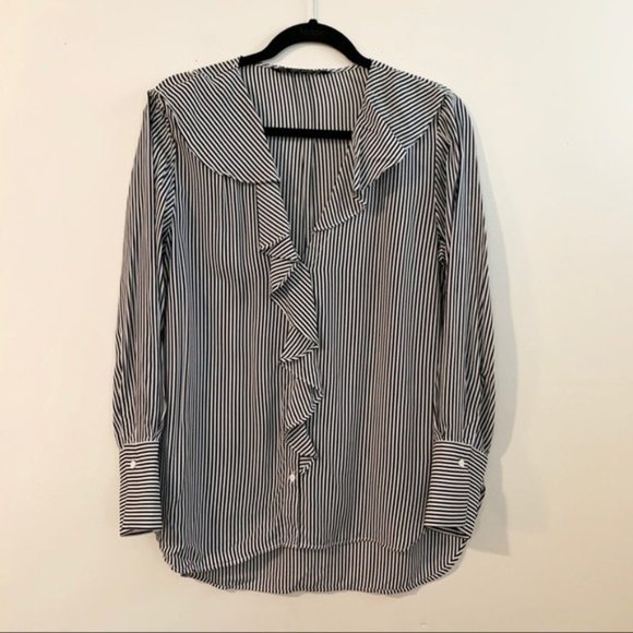 ZARA Basic Black Striped Shirt with Ruffles - Picture 1 of 7